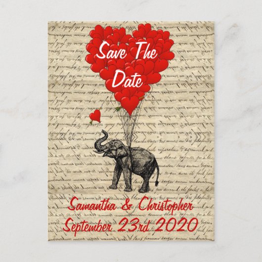 Elefant und rotes Herz Save the Date Ankündigungspostkarte (Vorderseite)