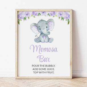 Elefant, violette Blumen, Babydusche Momosa Bar Poster