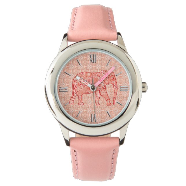 Elefant wirbelnd Fraktal - orange und weiß Armbanduhr (Vorderseite)