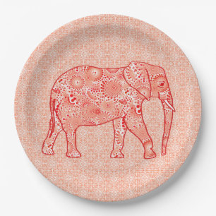 Elefant wirbelnd Fraktal - orange und weiß Pappteller