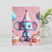 Elefant zum Geburtstag mit Kuchen und Ballons Einladung (Stehend Vorderseite)