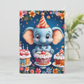 Elefant zum Geburtstag mit Kuchen und Ballons Einladung (Stehend Vorderseite)