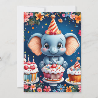 Elefant zum Geburtstag mit Kuchen und Ballons Einladung