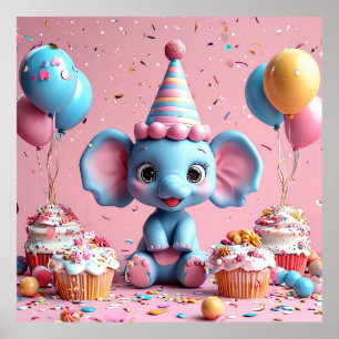 Elefant zum Geburtstag mit Kuchen und Ballons Poster
