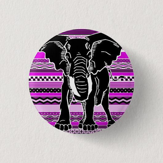 Elefante Silhouette auf Lila Gemusterten Streifen Button (Vorderseite)