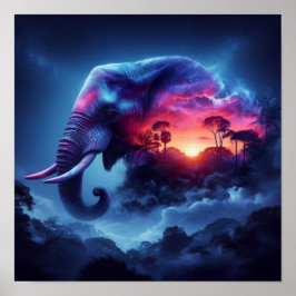 Elefante Silhouette kombiniert mit lebendigem Sonn Poster
