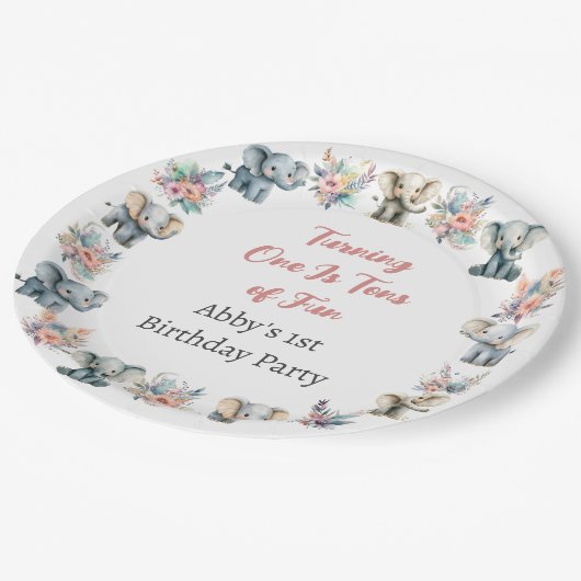 Elefanten & Boho Jungle Blume Geburtstag Pappteller (Schrägansicht)
