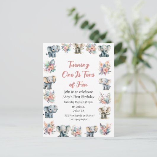 Elefanten & Boho Jungle Blume Geburtstag Postkarte (Stehend Vorderseite)