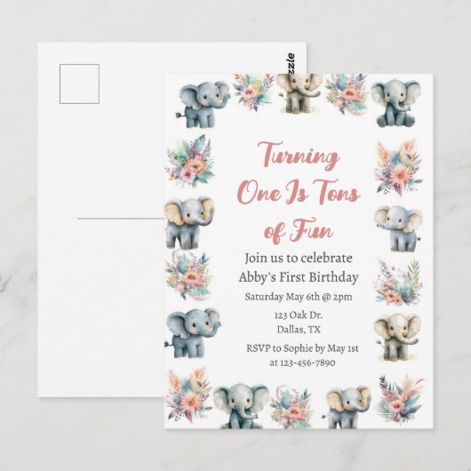 Elefanten & Boho Jungle Blume Geburtstag Postkarte (Vorne/Hinten)