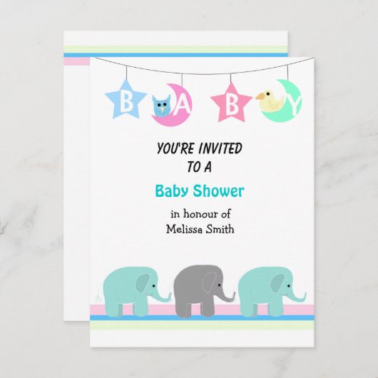 Elefanten Moon and Stars Kinderdusche Einladung (Vorne/Hinten)