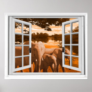 Elefanten Sonnenuntergang Blick Trompe l'oeil Fals Poster