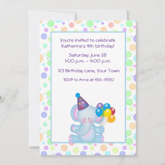Elefanten und Balloons Geburtstag Einladung (Vorderseite)
