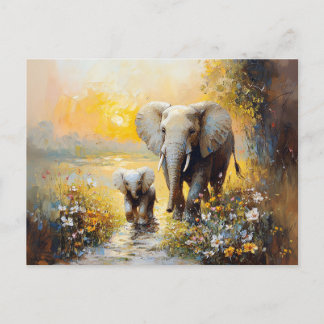 Elefanten- und Kalbsmalerei und Sonnenuntergang Postkarte