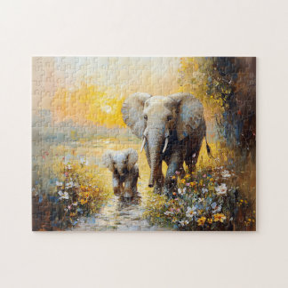 Elefanten- und Kalbsmalerei und Sonnenuntergang Puzzle