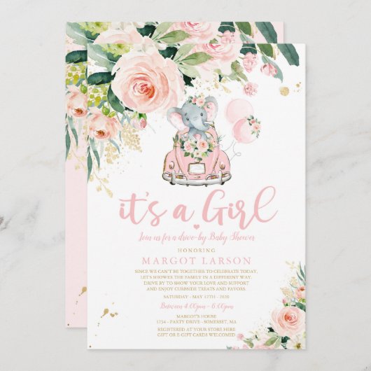 Elefantenantrieb mit Babydusche Einladung Rosa Ros (Vorne/Hinten)