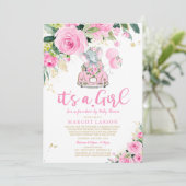 Elefantenantrieb mit Babydusche Einladung Rosa Ros (Stehend Vorderseite)