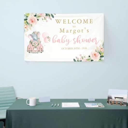 Elefantenantrieb mit Babydusche, rosa Rosen Banner (Messeveranstaltung)