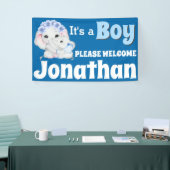 Elefantenbaby mit Mutter ist ein Junge WELCOME Banner (Messeveranstaltung)