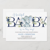 Elefantenblaue Blütenjunge Baby Dusche Einladung. Einladung (Vorne/Hinten)