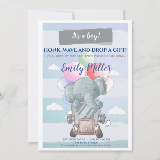 Elefantenfahrt mit Baby-Dusche Einladungsjunge Einladung (Vorderseite)