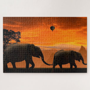 Elefantenfamilie im Sunset Jigsaw Puzzle Foto
