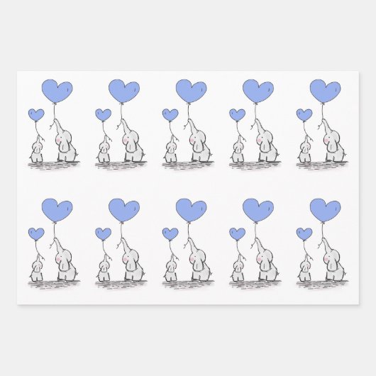 Elefantenfamilie mit blauen Herzballoons Geschenkpapier Set (Vorderseite)