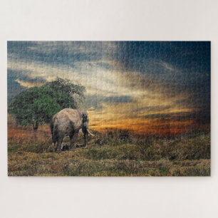 Elefantengehen bei Sonnenuntergang Puzzle