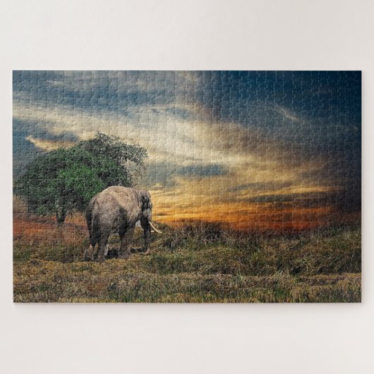 Elefantengehen bei Sonnenuntergang Puzzle (Horizontal)