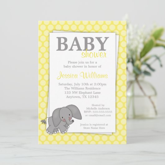 Elefantengelbe Dots Geschlecht Neutrale Babydusche Einladung (Stehend Vorderseite)