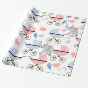 Elefantengeschenkpapier Babywagen Pink & Blau Geschenkpapier
