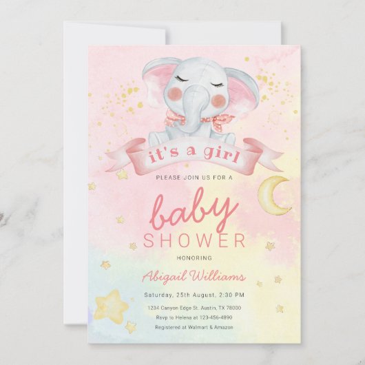 Elefantenmädchen mit Sternen Babydusche Einladung (Vorderseite)