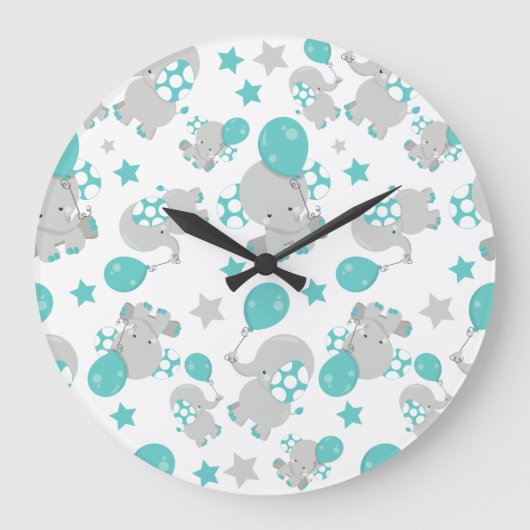 Elefantenmuster, Niedliche Elefanten - Blau grau Große Wanduhr (Vorderseite)