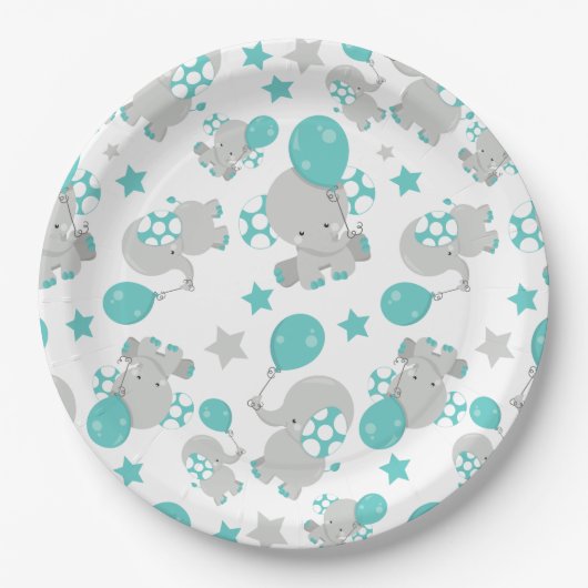 Elefantenmuster, Niedliche Elefanten - Blau grau Pappteller (Vorderseite)