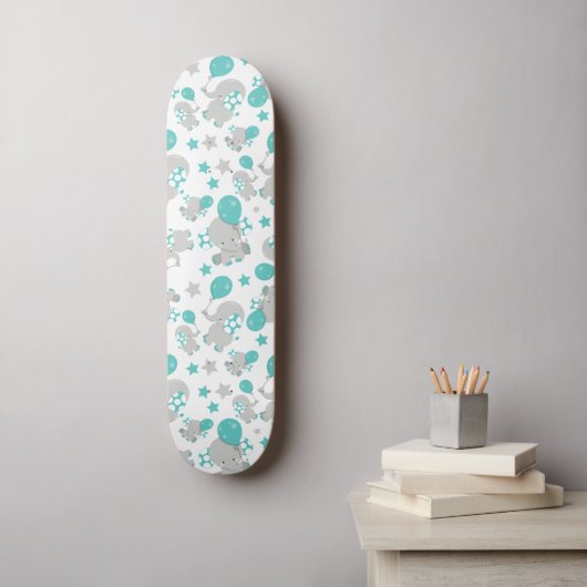 Elefantenmuster, Niedliche Elefanten - Blau grau Skateboard (Wandkunst)