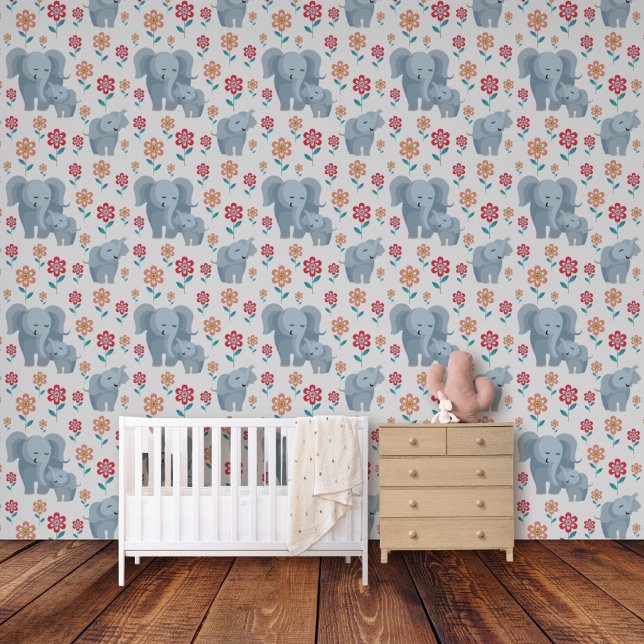Elefantenmutter, Baby-Blume Muster Kinderzimmer Tapete (Von Creator hochgeladen)