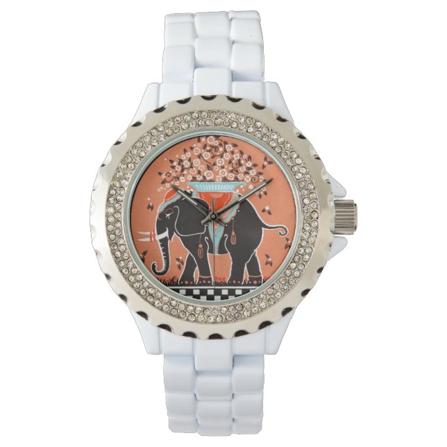 Elefantenparade in Orange Armbanduhr (Vorderseite)