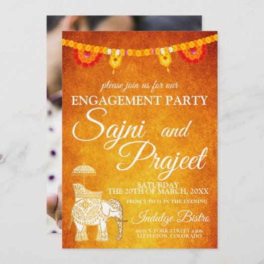 Elefantenpartei und indische Blume Einladung (Vorne/Hinten)