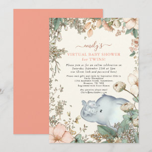 Elefantenzwillinge Florals Koralle Virtuelle Babyp Einladung