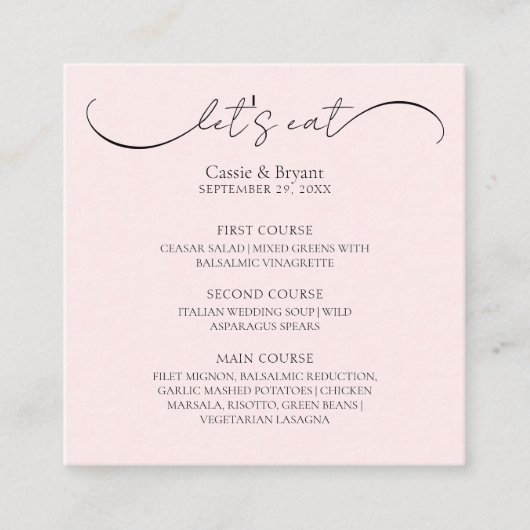 Elegamt Blush Pink Wedding Menu Karte (Vorderseite)