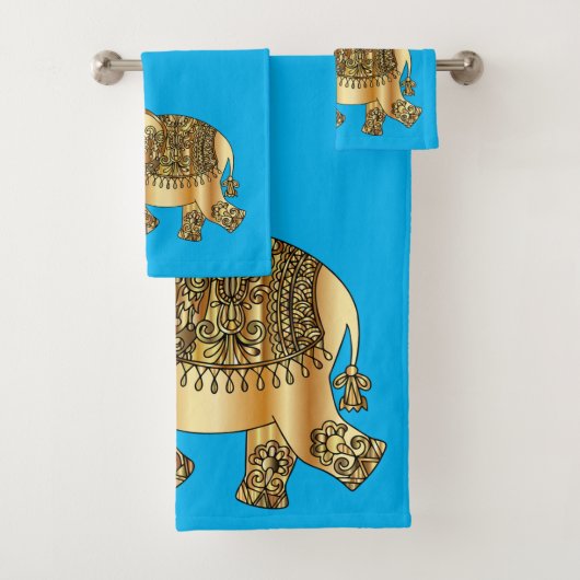 Elegan Gold Paisley Elephant Blue Badhandtuch Set (Insitu)