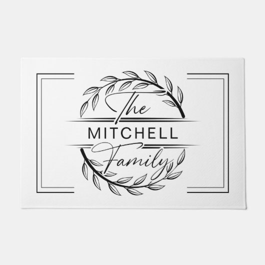 Elegan Mit Monogramm Schwarz-weißer Familienname Fußmatte (Vorderseite)