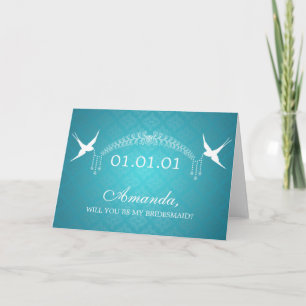 Eleganbe Be My Bridesmaid Birds & Diamonds Turquoi Einladung