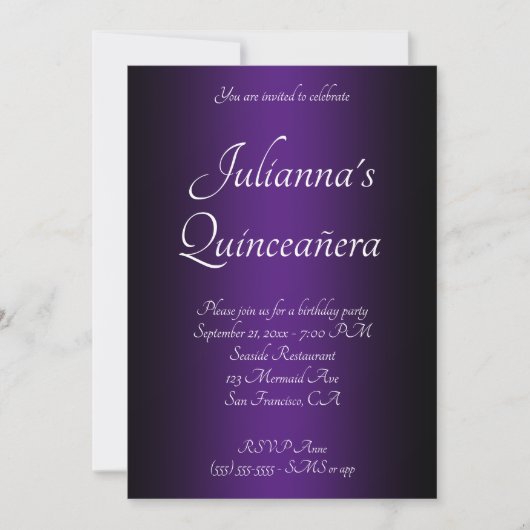 EleganBlack und Royal Lila Ombre Quinceañera Einladung (Vorderseite)
