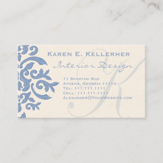 Eleganblau und Cream Damask Letter E Visitenkarte (Vorderseite)