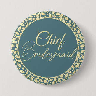 EleganBlue und Cream Leaf Chief Bridesmaid Button