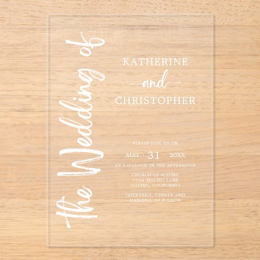 EleganBold White Script Wedding Clear Acryleinladungen (Vorderseite)