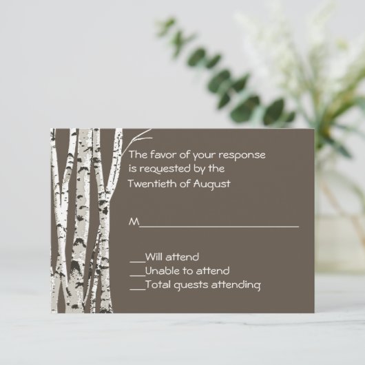 Eleganbraun mit Birch Trees Wedding RSVP Card (Stehend Vorderseite)