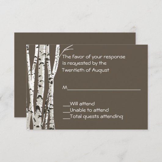 Eleganbraun mit Birch Trees Wedding RSVP Card (Vorne/Hinten)