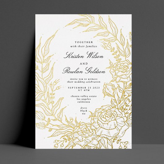 Elegance Black Florals GOLD Wreath Wedding Folieneinladung