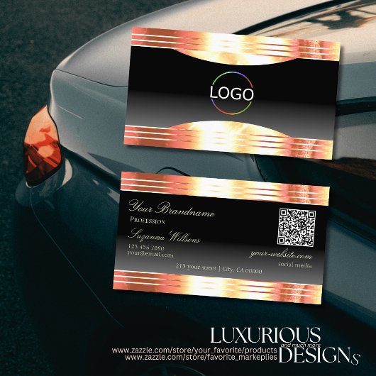 Elegance Black Rose Gold Borders Logo und QR Code Visitenkarte